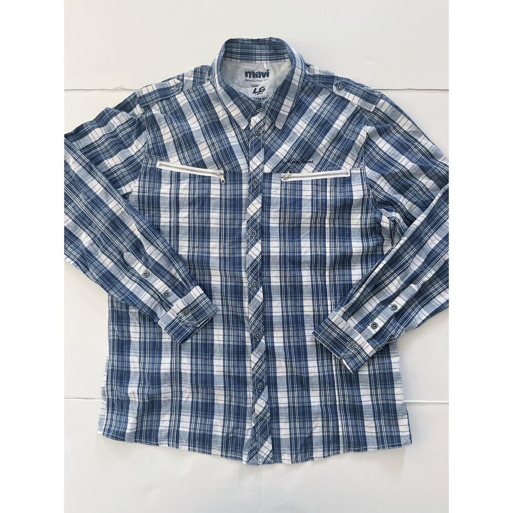 Mavi Shirt Mens L Blue Plaid Long Sleeve Button Up Zipper Pockets Classic Fit